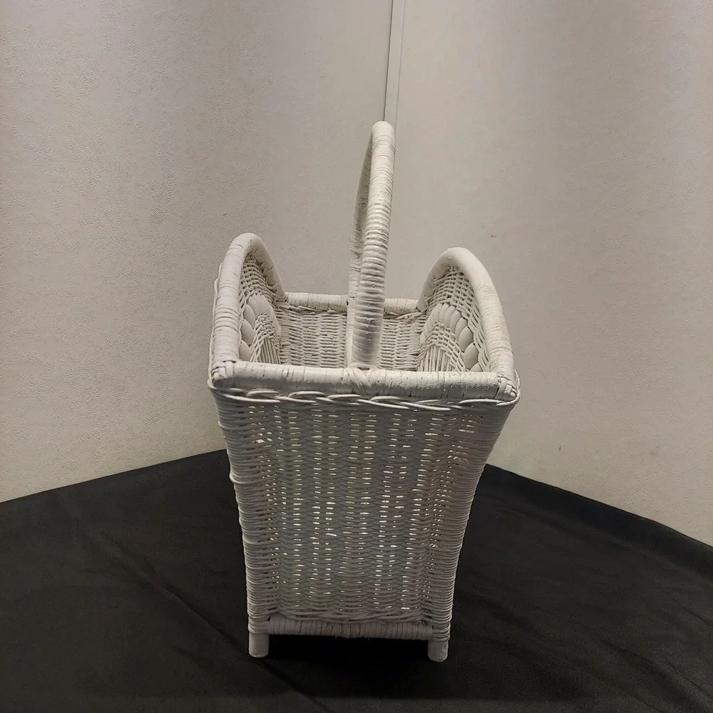 Vintage White Wicker Magazine Rack Basket with Handle Shabby Chic Decor
